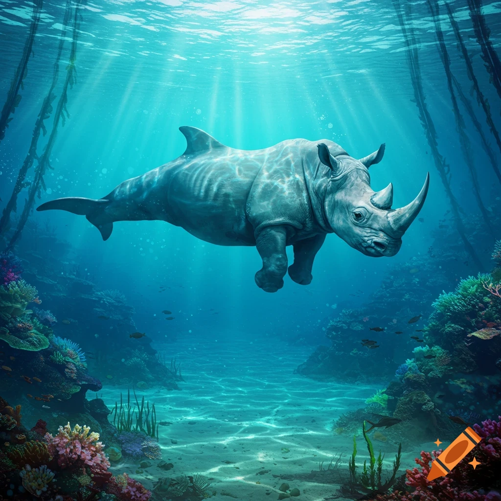 A grey rhinoceros body with a shark's tail and dorsal fin swims underwater amidst colorful coral reefs and kelp forests, with sunbeams piercing the clear blue water.