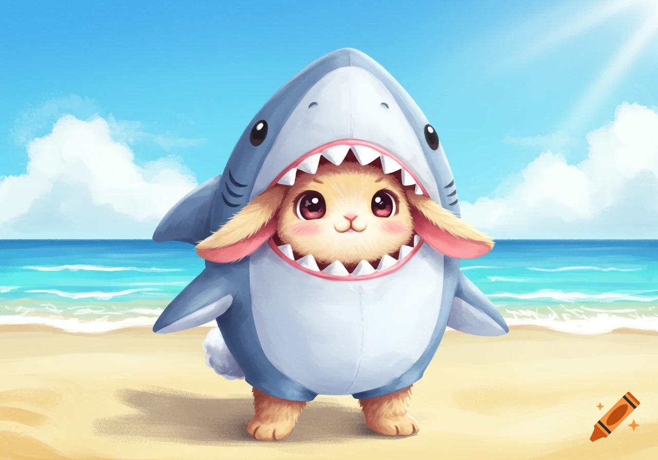 A cute cartoon bunny wearing a shark costume stands on a sandy beach by the blue ocean under a bright sky.