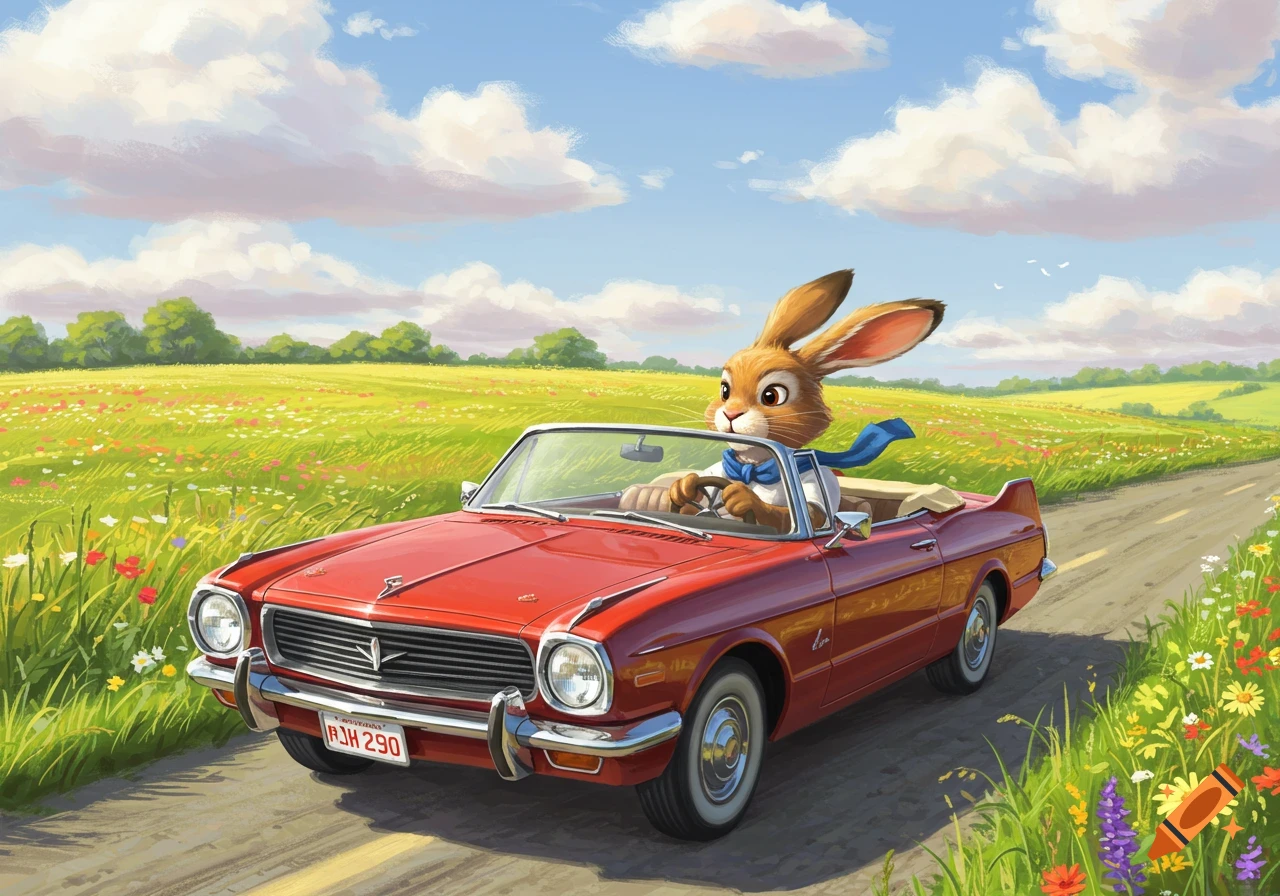 A cartoon rabbit in a blue scarf drives a red convertible car on a road through a sunny, flower-filled field.