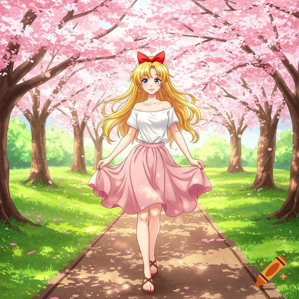 An anime blonde woman with a red bow walks on a path through a cherry blossom park, holding her pink skirt.
