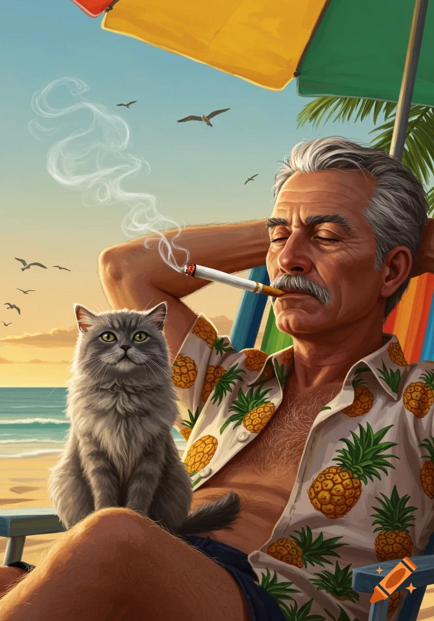 An elderly man with a mustache relaxes on a beach chair, smoking a cigarette, with a fluffy grey cat sitting on his lap. He is under a colorful beach umbrella.