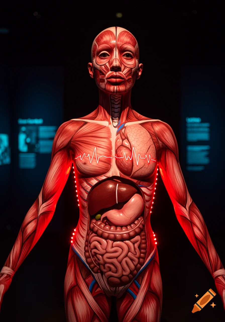 Stylized anatomical display of a human body, showing muscles and internal organs with glowing red lights and a heartbeat line. Dark background.