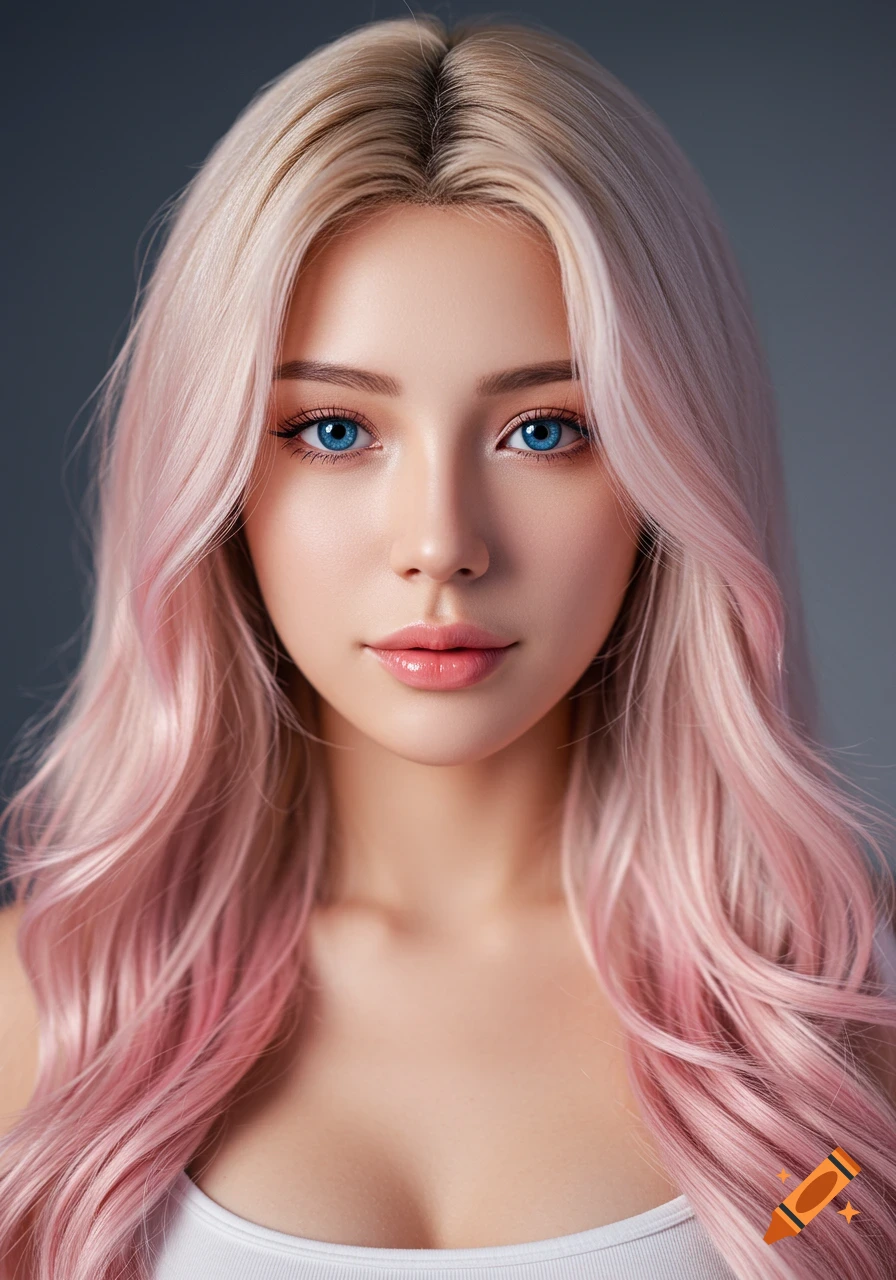 Realistic portrait of a young woman with long wavy blonde and pink hair, bright blue eyes, and a gentle smile.
