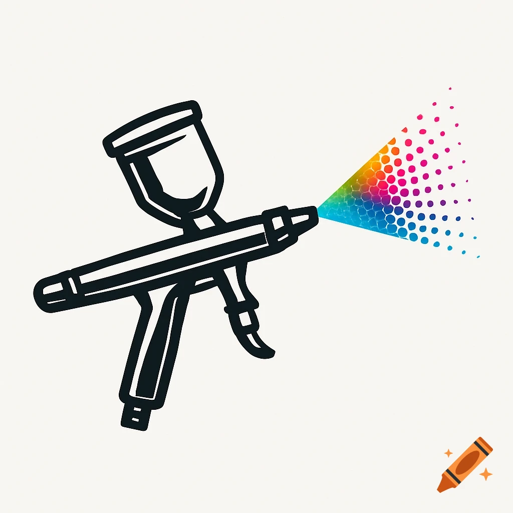 Black outline illustration of an airbrush spraying a stream of rainbow-colored dots.