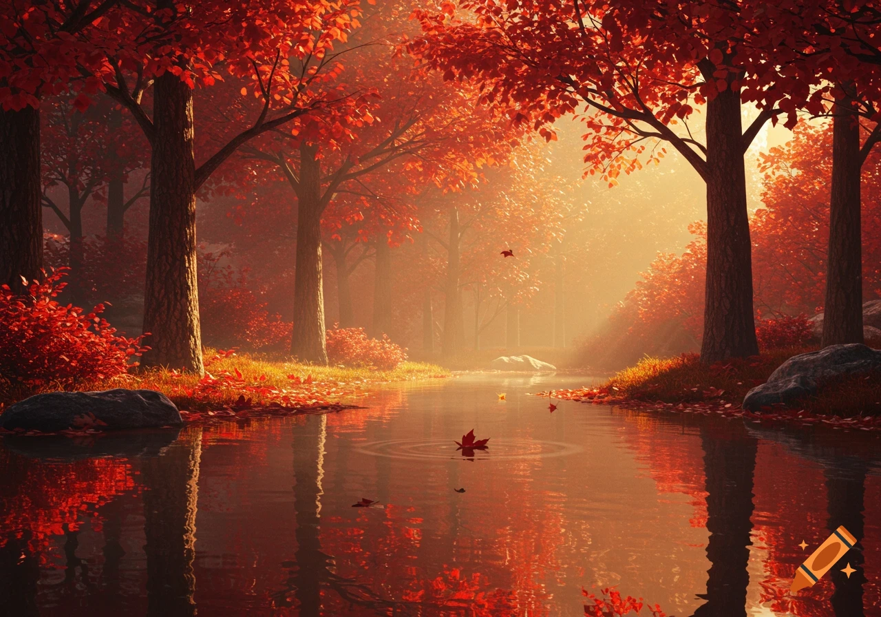A serene autumn forest with vibrant red leaves reflecting in a still river, bathed in golden sunlight.