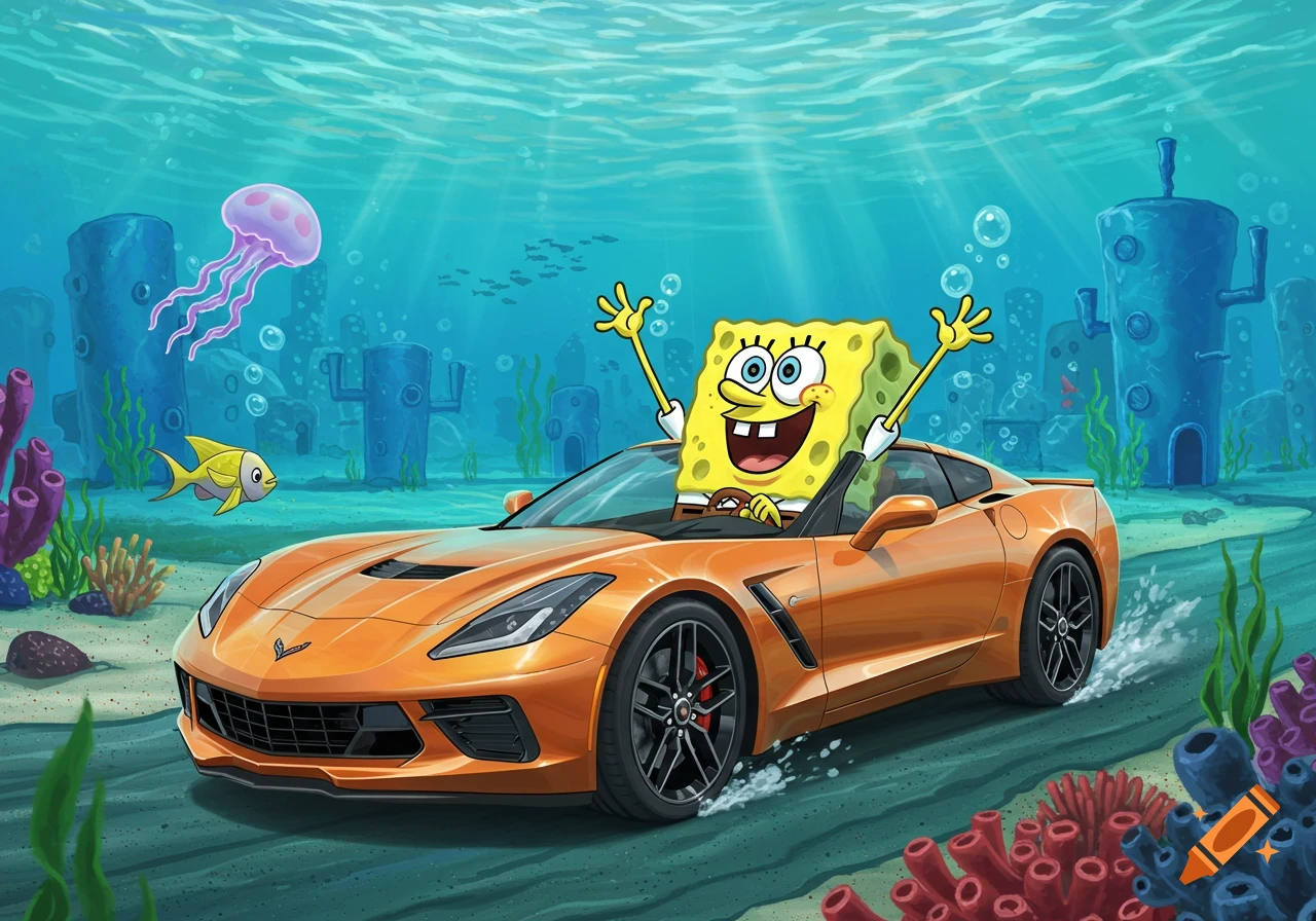 SpongeBob SquarePants gleefully driving an orange Corvette sports car underwater, surrounded by coral, fish, and a jellyfish.