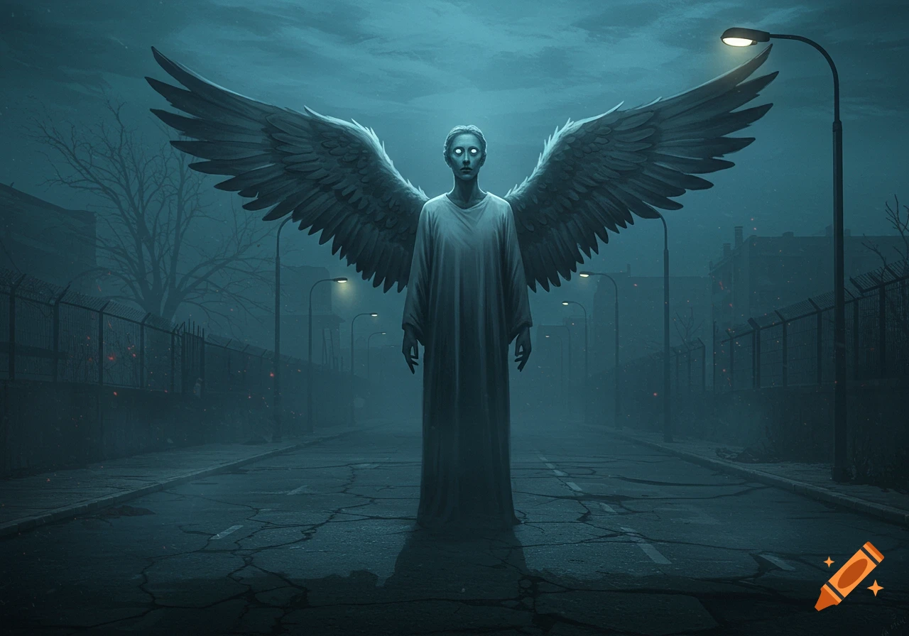 A gaunt angel with large wings and glowing eyes stands on a cracked, misty street at night, flanked by streetlights and fences in a dark, atmospheric horror style.