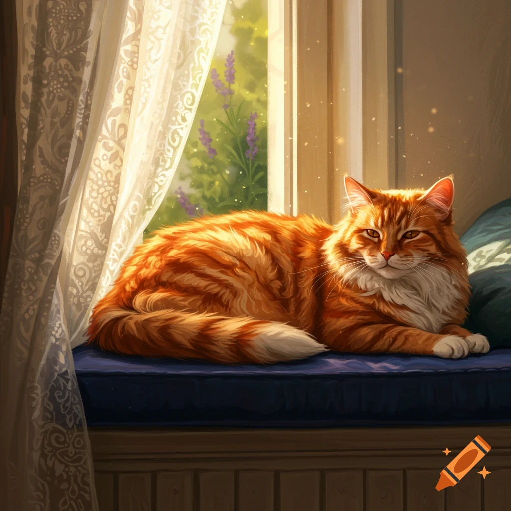 An orange tabby cat lies on a blue cushion by a sunlit window with white lace curtains and green foliage outside, digital art.