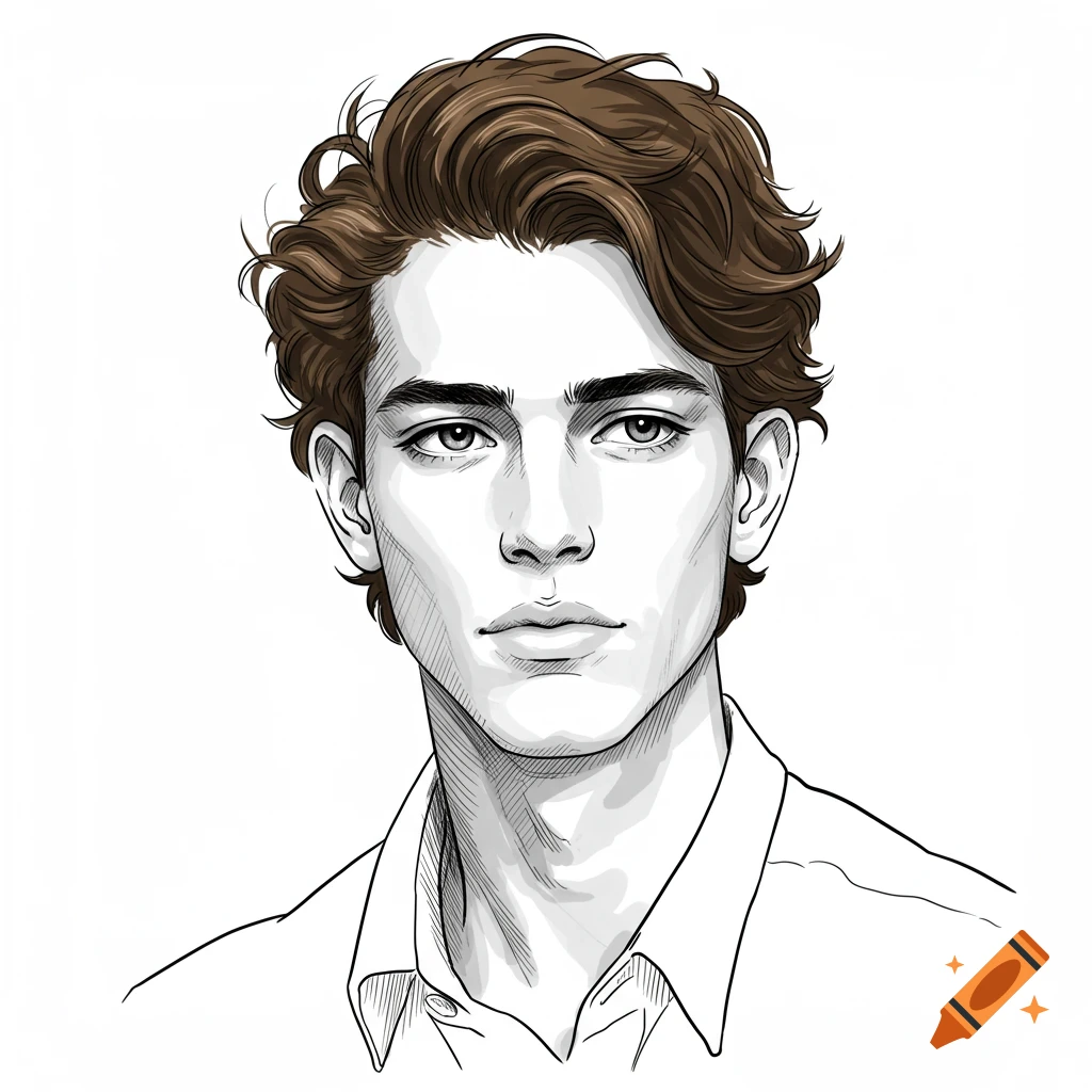 Line art illustration of a young man with brown wavy hair, an elegant face, and a relaxed expression, wearing a collared shirt.