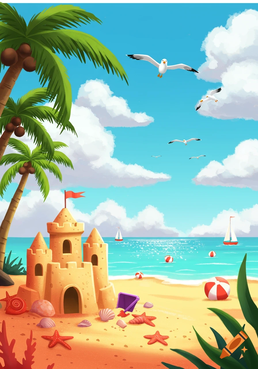 Vibrant cartoon illustration of a beach with a grand sandcastle, palm trees, starfish, and seashells. Seagulls fly over the blue ocean.