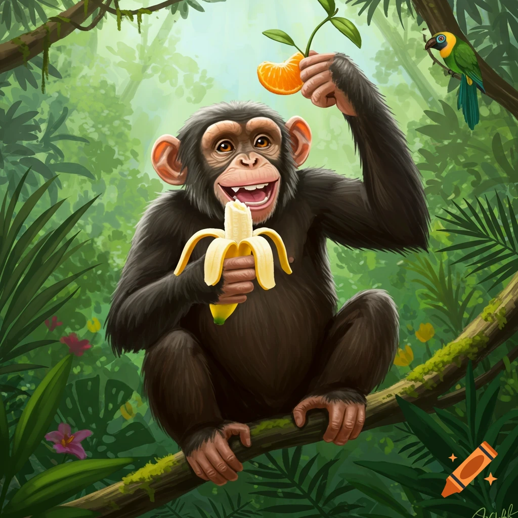 A cheerful chimpanzee sits on a tree branch in a lush jungle, eating a banana and holding an orange slice. A parrot perches nearby.