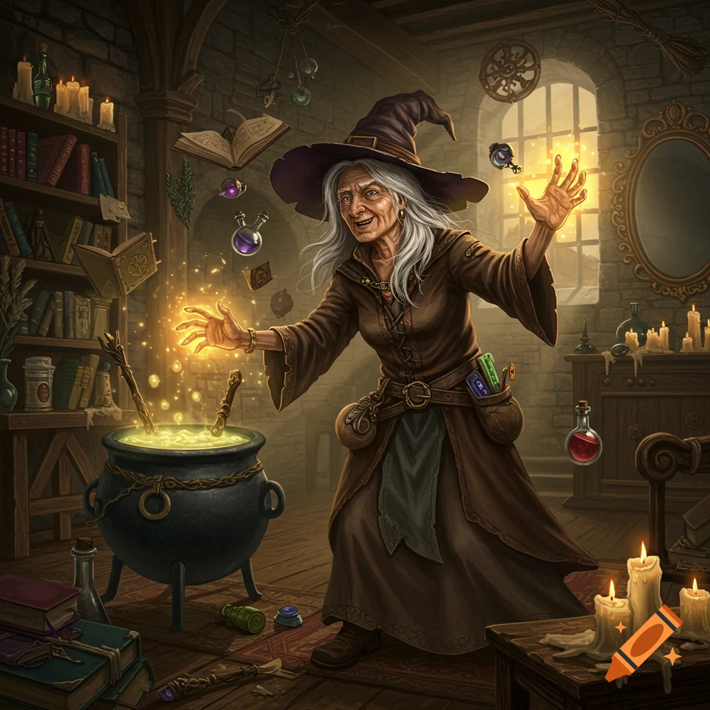 An old witch with white hair casts a spell over a bubbling cauldron in a detailed, dimly lit magical room filled with books and potions.