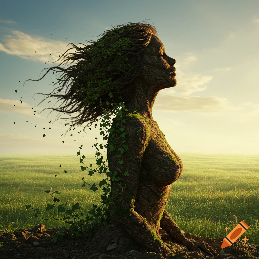 A woman's silhouette formed from tree bark and vines, with leaves in her hair, standing in a grassy field at sunset.