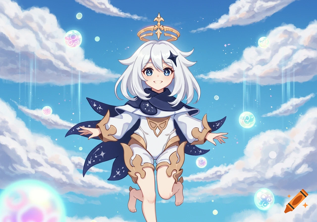 A smiling Paimon, a small, white-haired anime character with a halo and a starry cape, floats in a bright blue sky with clouds and colorful glowing bubbles.