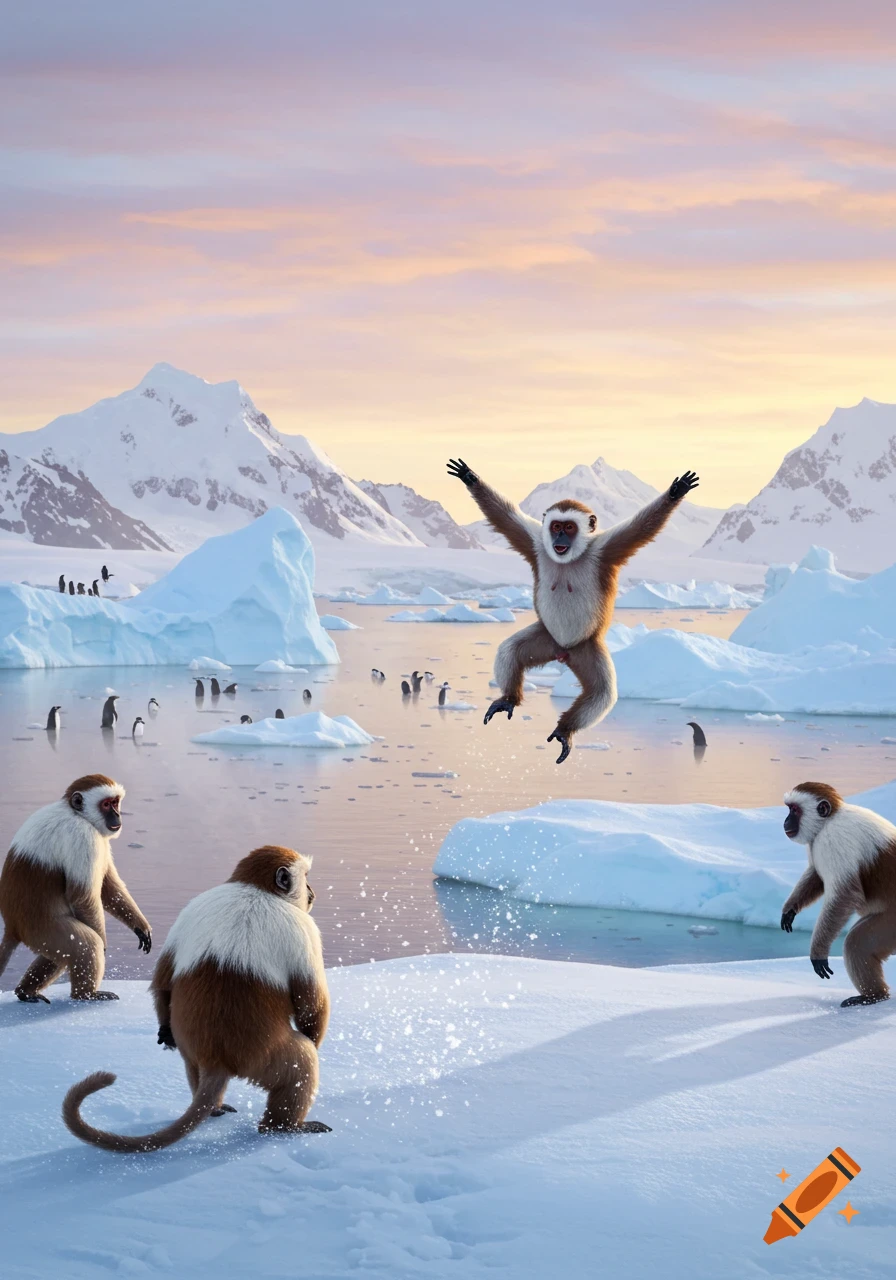 Photorealistic image of monkeys and penguins among icebergs in a snowy Antarctic landscape under a sunset sky, with one monkey jumping.