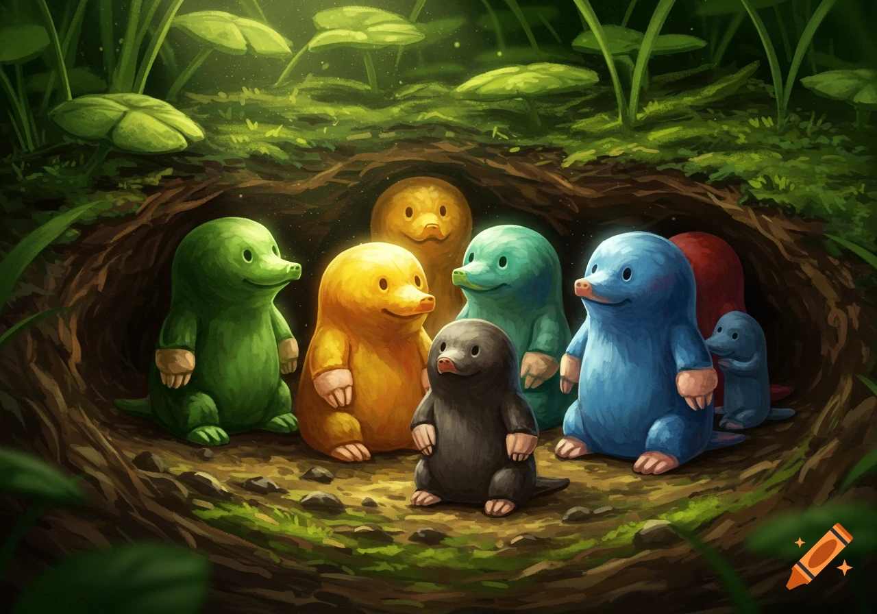 Colorful, cartoonish moles of various colors emerge from burrows on a lush, green forest floor.