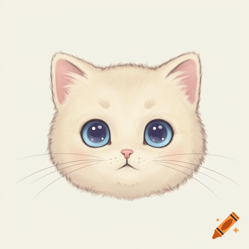 A cute, light-colored cartoon cat head with large blue eyes and pink ears on a plain background.