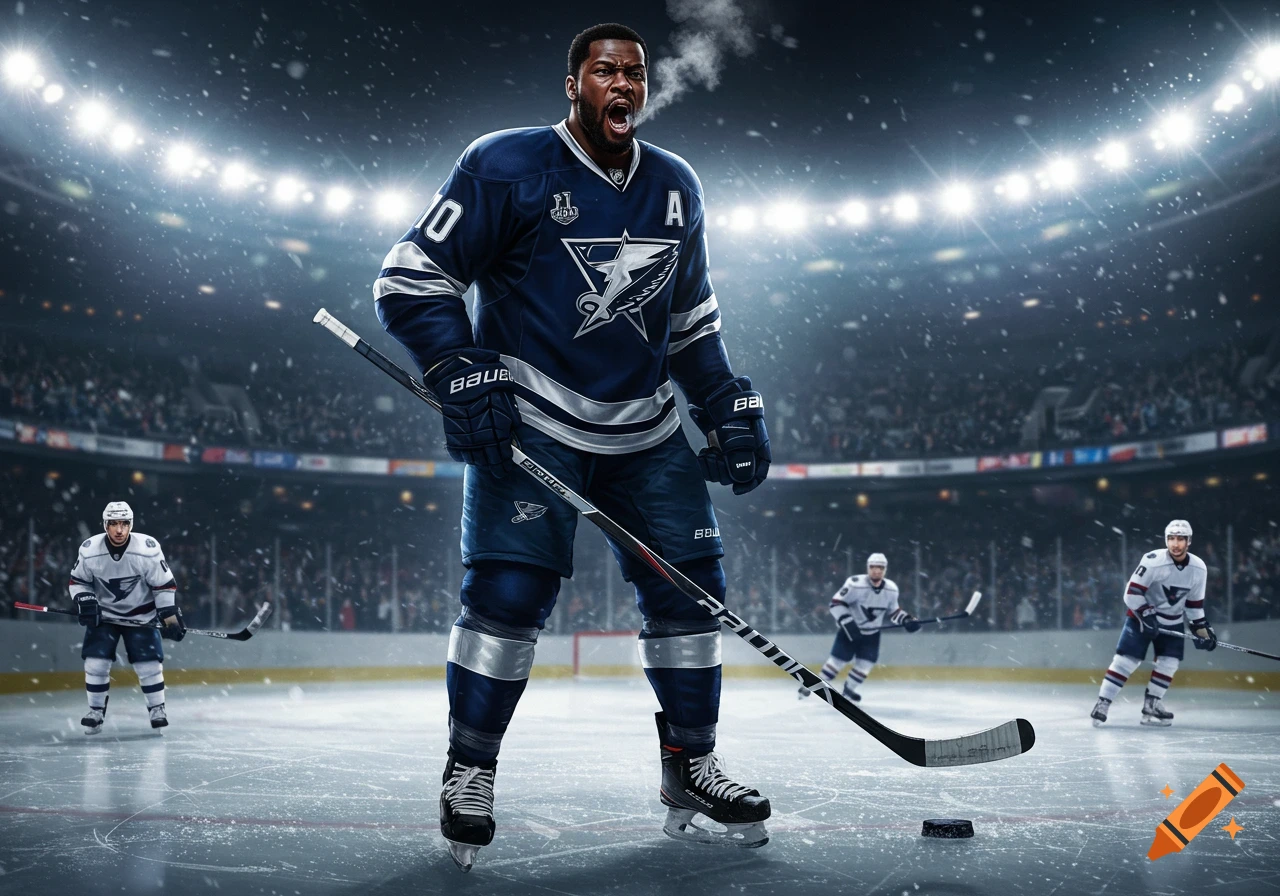 A photorealistic image of a large Black male hockey player in a blue and silver jersey, holding a stick on an ice rink, with a packed stadium and falling snow in the background.