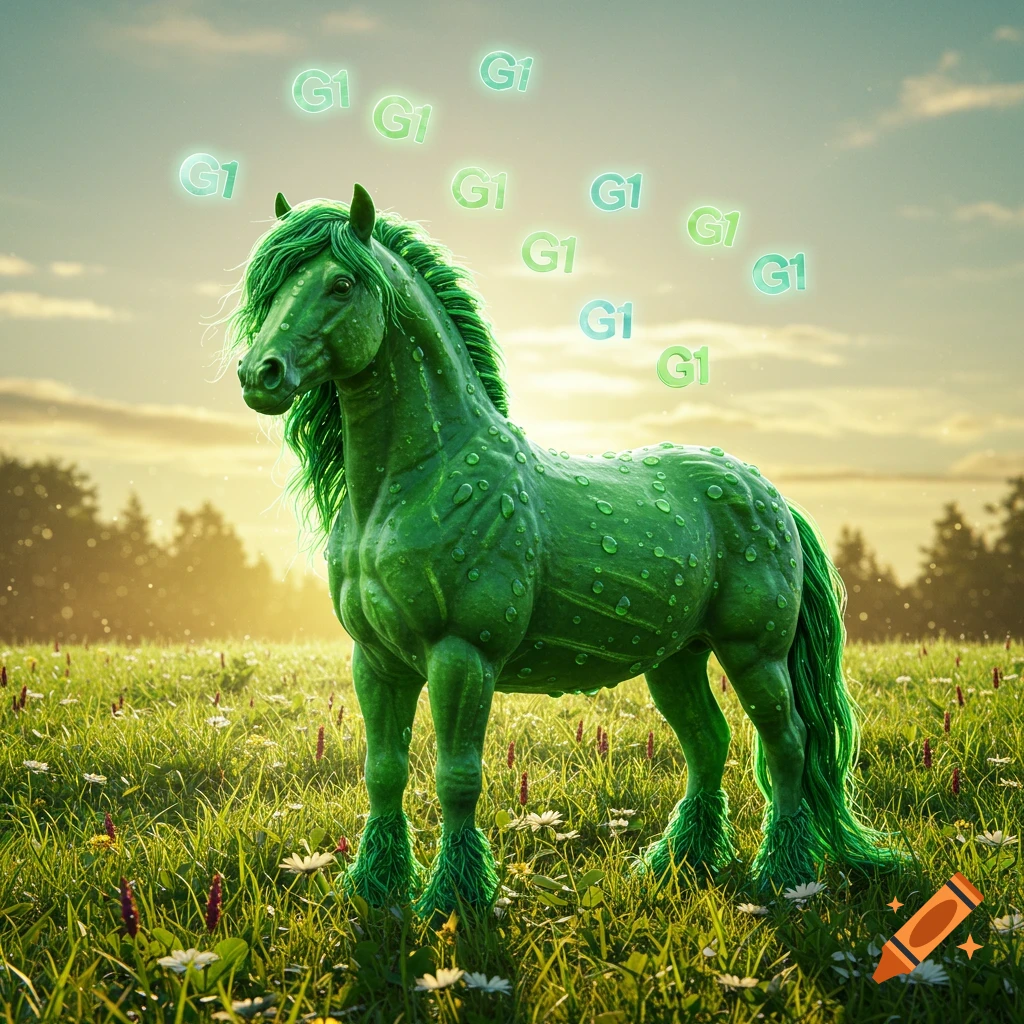 A green horse with a textured, cucumber-like body stands in a sunny field, surrounded by glowing "G1" symbols floating in the air.