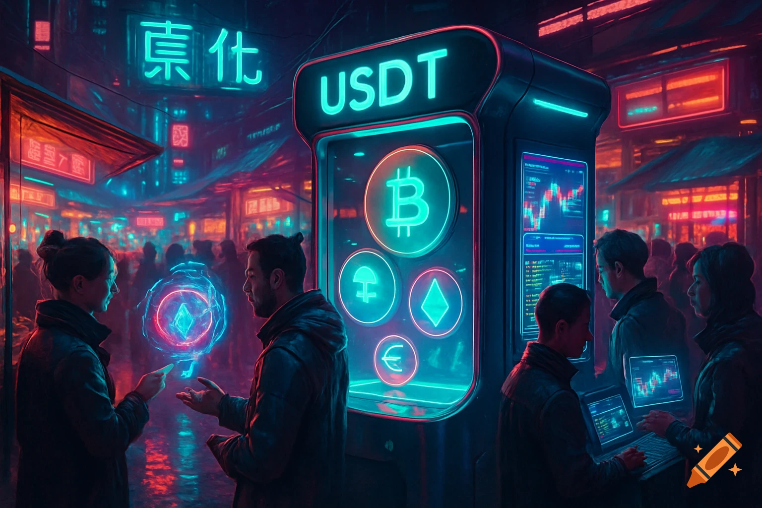 A neon-lit cyberpunk street with people looking at glowing cryptocurrency displays and charts, under signs with Asian characters.