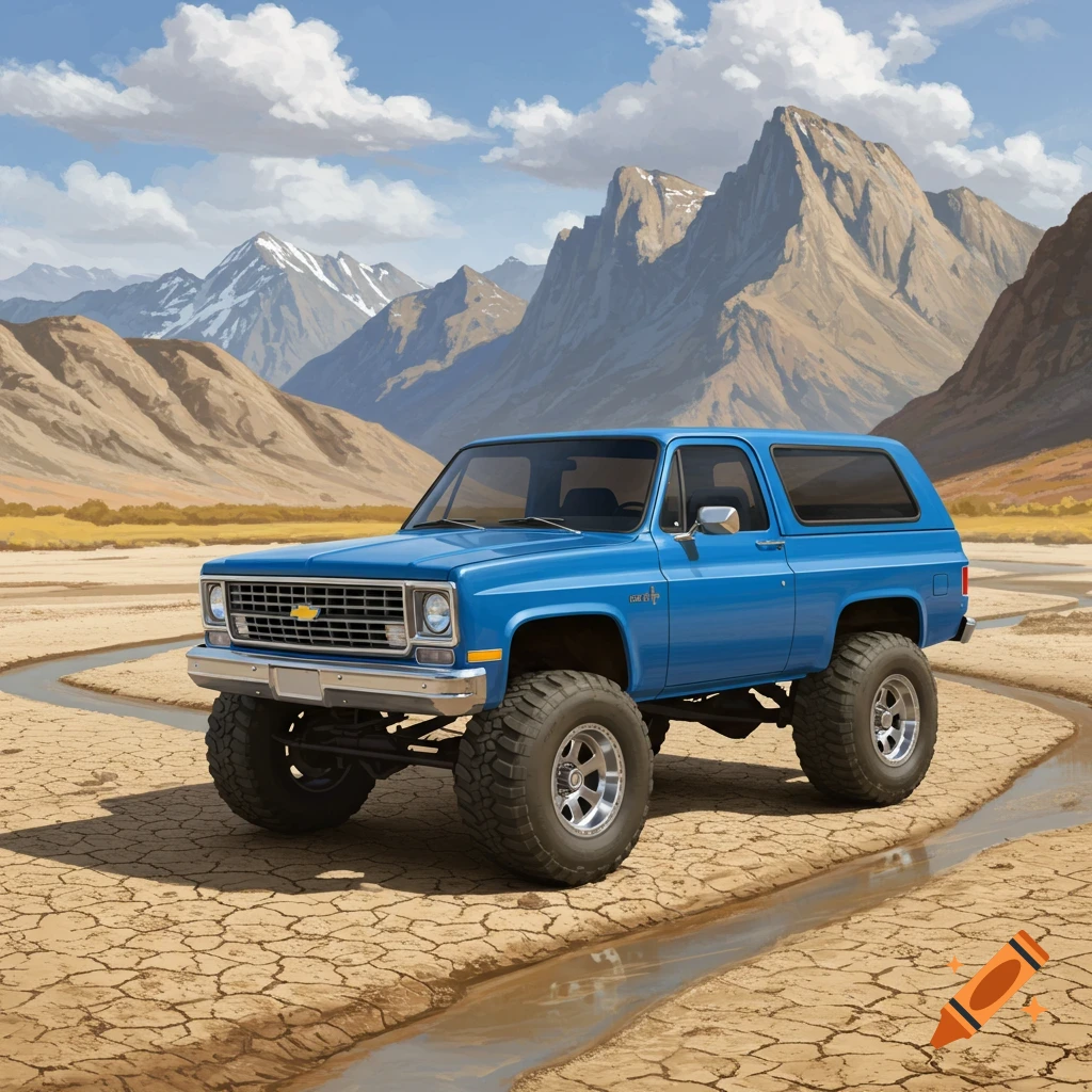 A blue 1978 Chevy Blazer with large wheels stands in a dry riverbed, with mountains in the background.