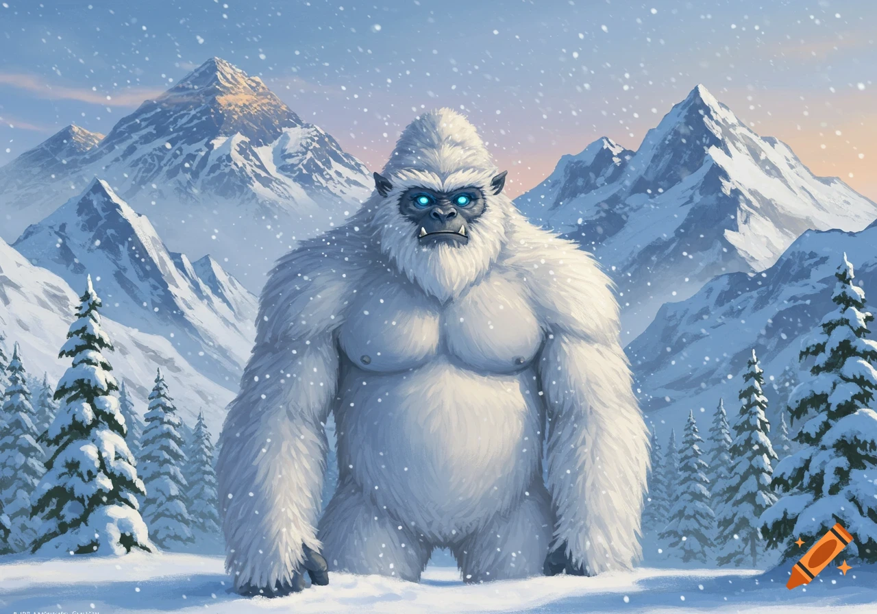 A large white Yeti with glowing blue eyes stands in a snowy mountain landscape with pine trees. Stylized illustration.