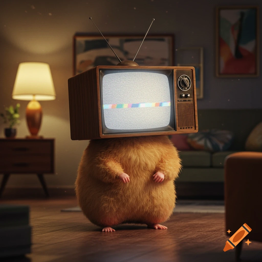 A fluffy orange creature with a vintage TV for a head stands on a wooden floor in a dimly lit living room.