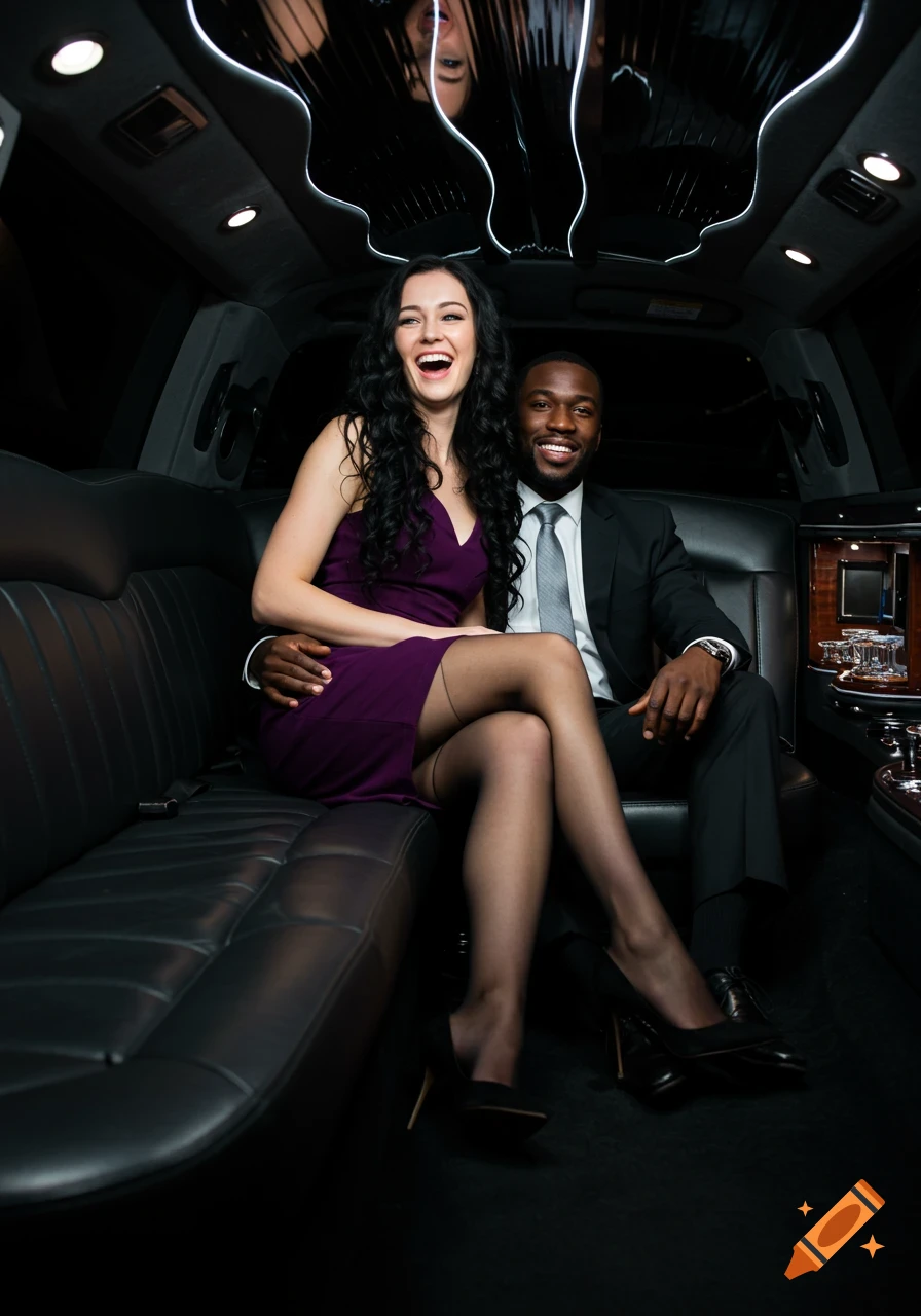 A laughing woman in a purple dress and black stockings sits on a smiling man's lap in a luxurious limousine.