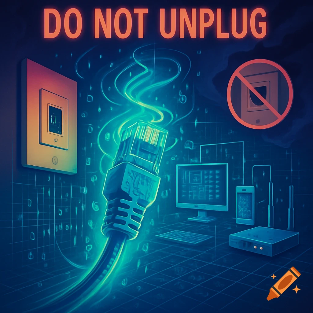 A glowing RJ45 cable surrounded by network devices and outlets, with the warning text "DO NOT UNPLUG" in a digital art style.