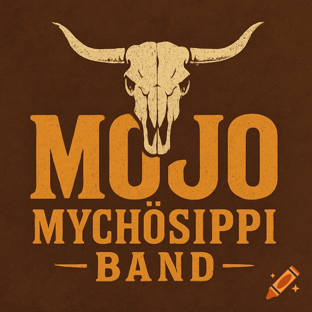 Western-style logo with a bull skull above 'MOJO MYCHÖSIPPI BAND' text on a brown background.