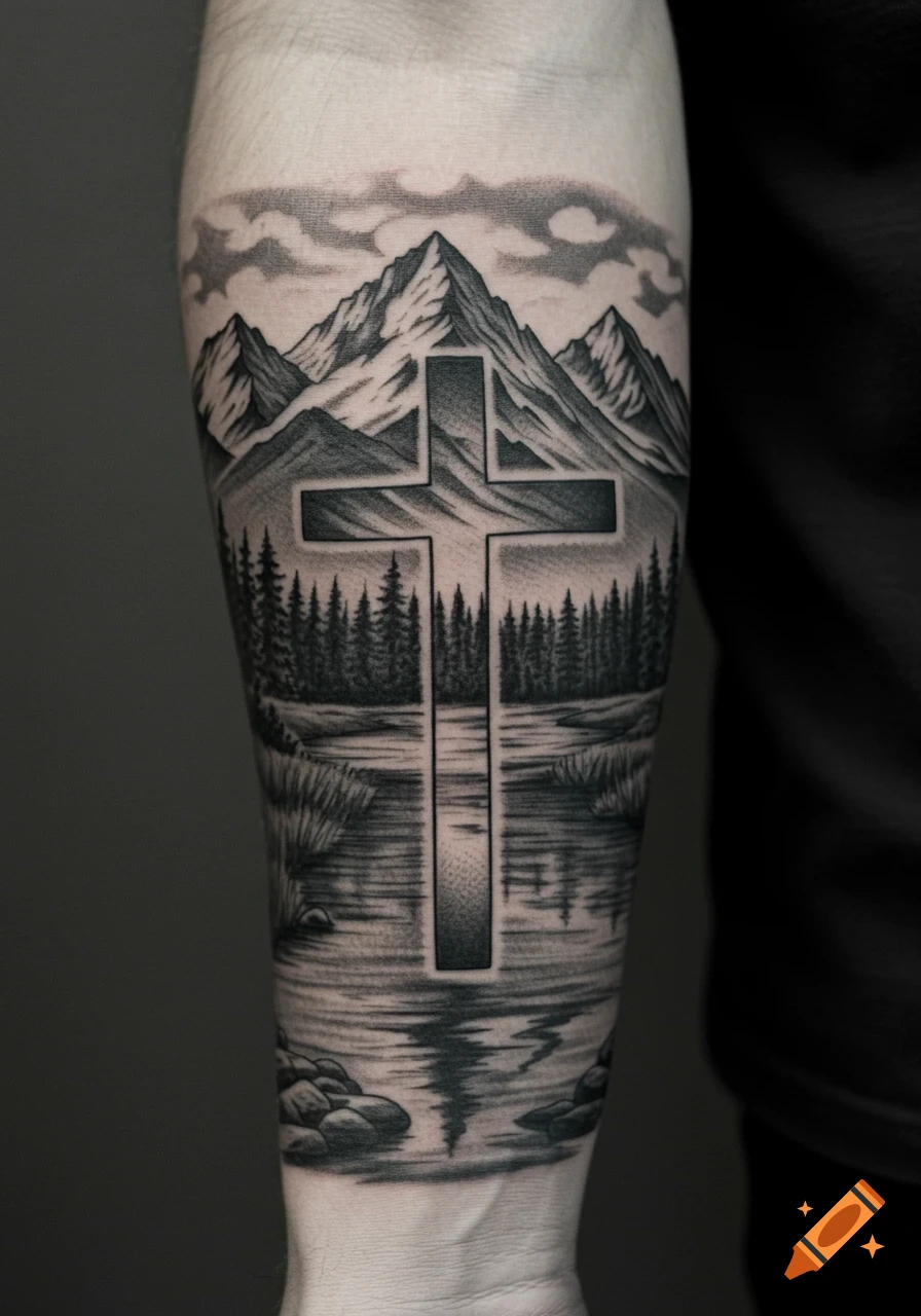 Detailed grayscale forearm tattoo of mountains, forest, and a river with a cross formed by negative space.