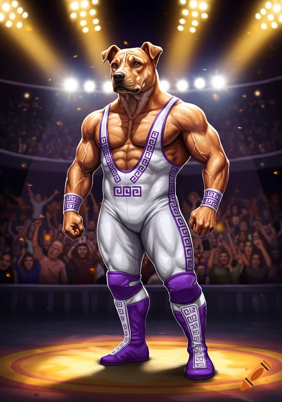 Muscular anthropomorphic dog in a white and purple wrestling singlet stands in a ring under stadium lights before a cheering crowd.