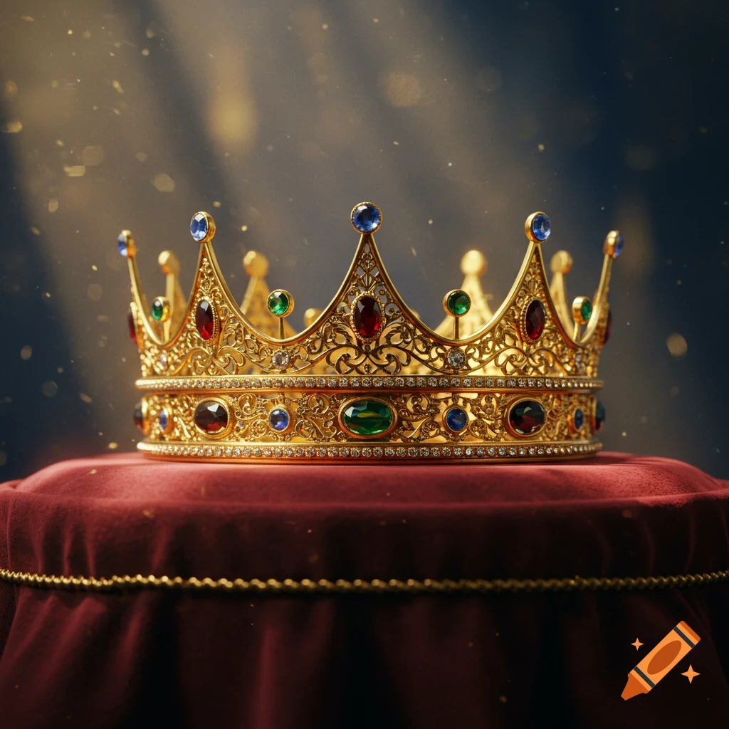 A majestic golden crown, adorned with colorful jewels, sits on a plush red velvet cushion against a dark, sparkling background.