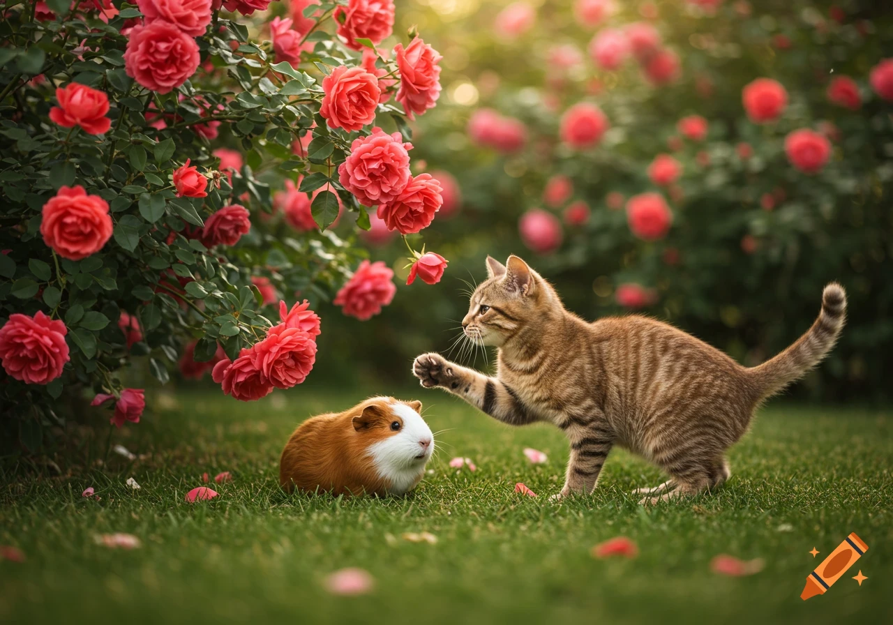 A tabby cat playfully bats at a brown and white guinea pig in a vibrant rose garden under soft sunlight.