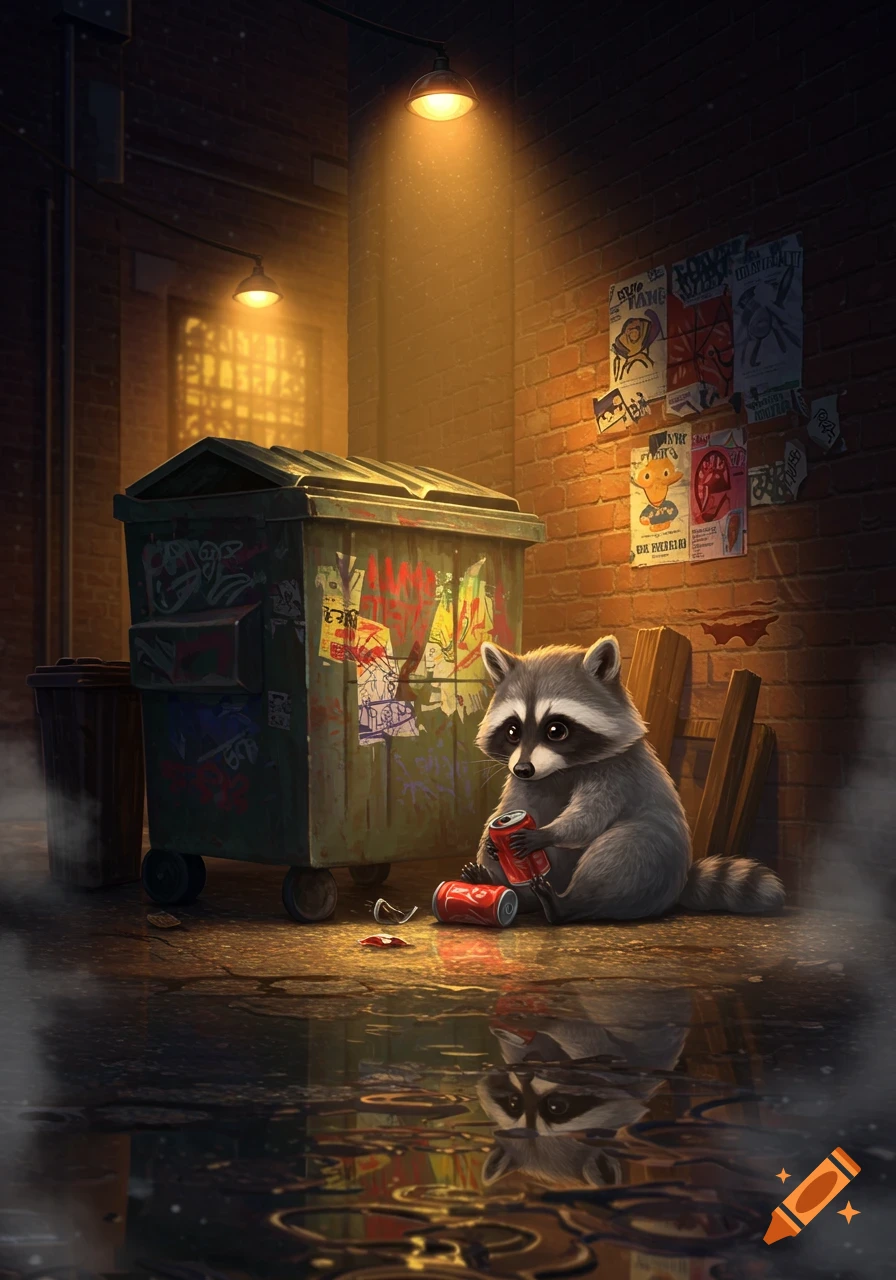 A cute raccoon sits in a dimly lit alley next to a graffiti-covered dumpster, holding a red soda can with its reflection visible in a puddle on the wet ground. Illustration.