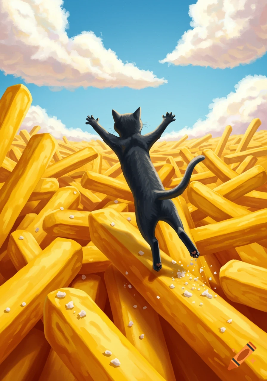 A black cat with its arms raised jumps over a field of golden french fries under a cloudy blue sky in a painterly style.