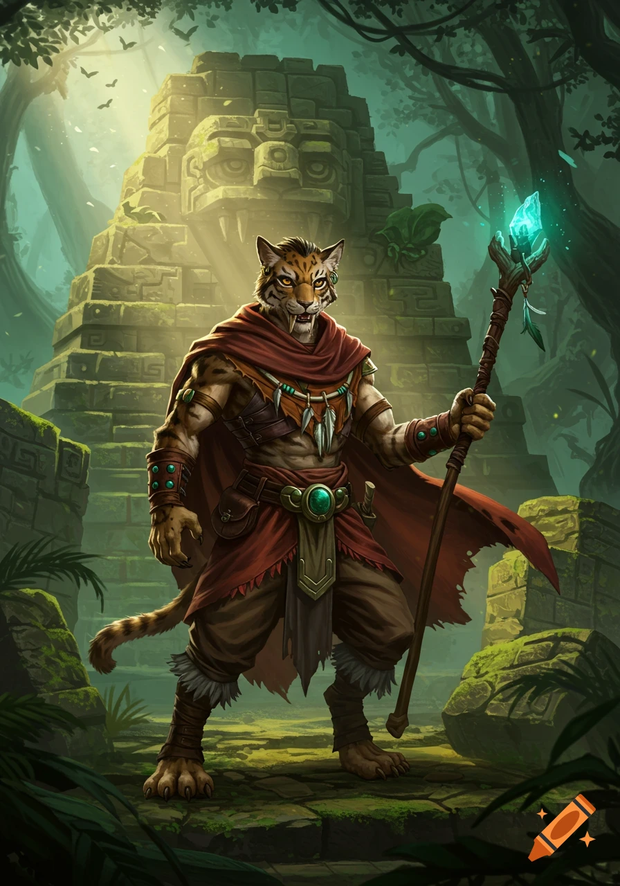 A majestic sabertooth tabaxi warrior in tribal attire stands with a glowing staff before an ancient Aztec-style temple in a lush jungle.