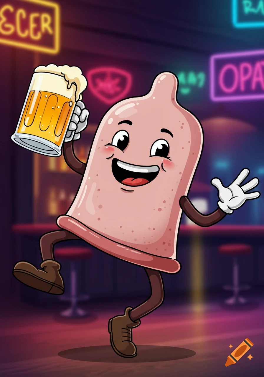A happy cartoon condom character with arms and legs, standing in a lively bar with neon lights, holding up a frothy mug of beer.