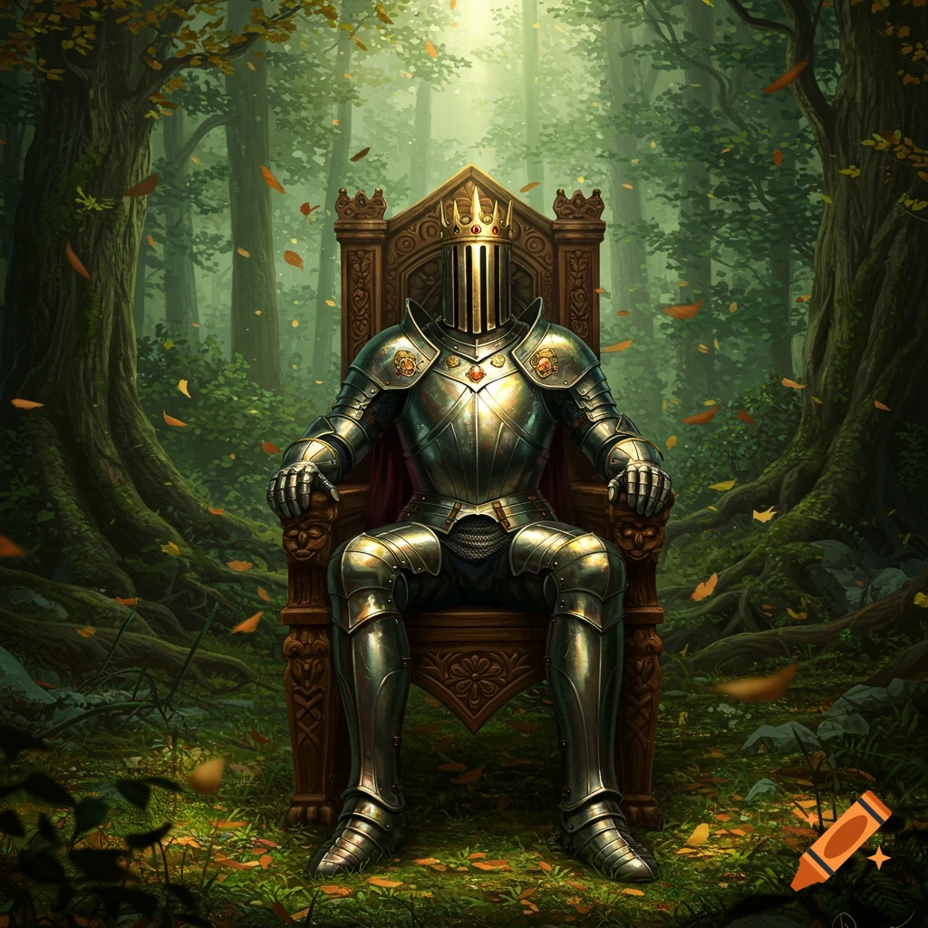 A knight in shining armor with a full-face helmet sits on a regal throne in a sun-dappled green forest with falling autumn leaves.