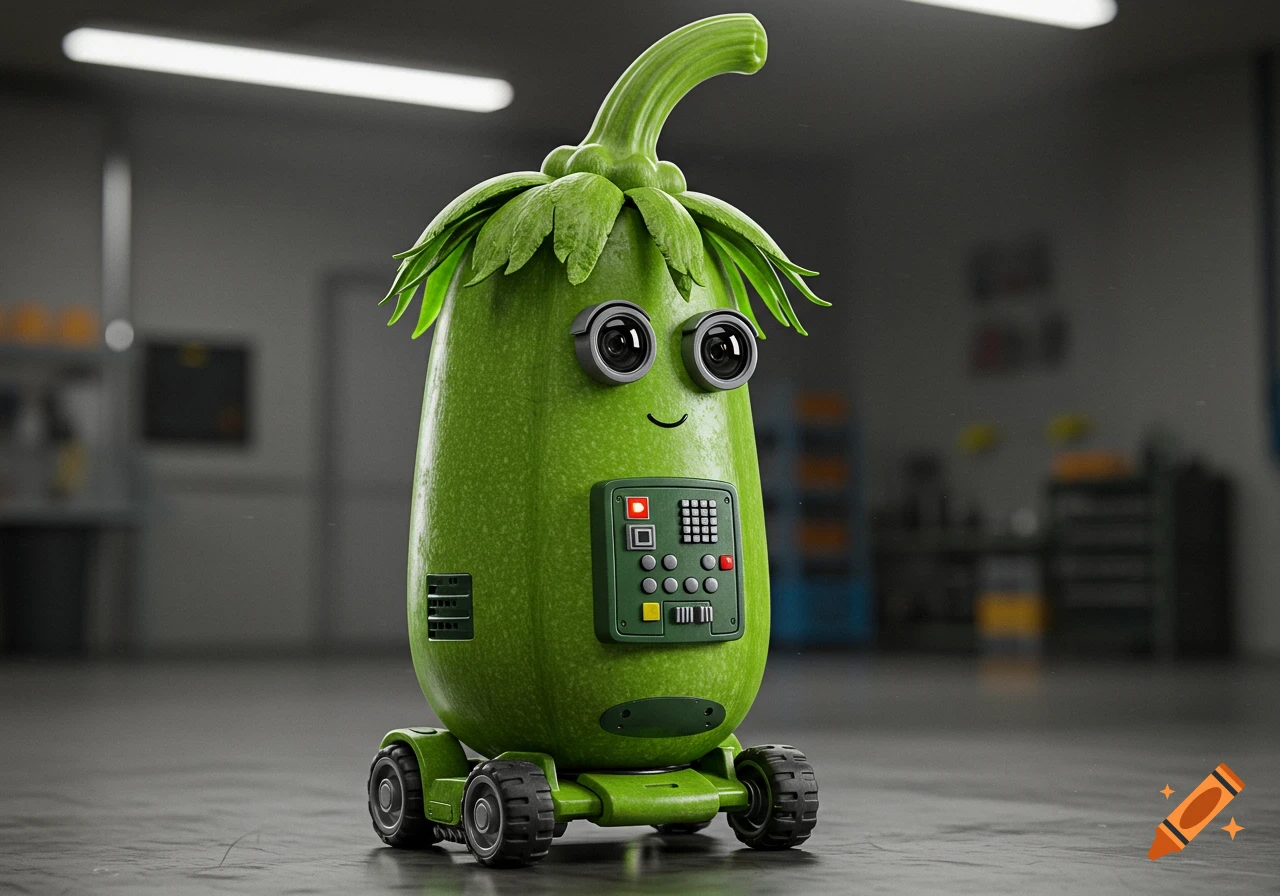 A cartoonish green zucchini-shaped robot with camera eyes, leafy hair, and a control panel on its chest, stands on wheels in a workshop.