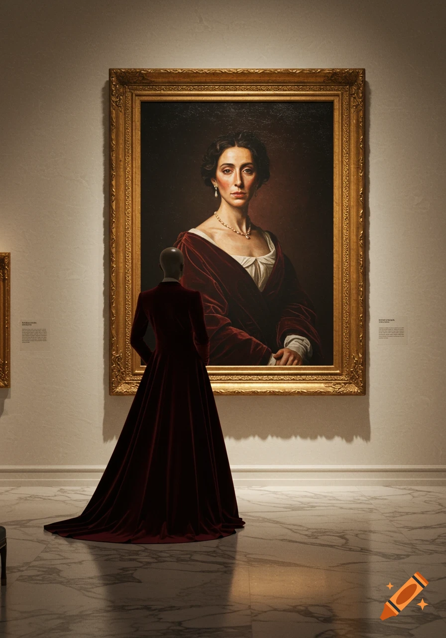 A person in a long red dress stands in an art gallery, viewing a large framed oil painting of a woman.