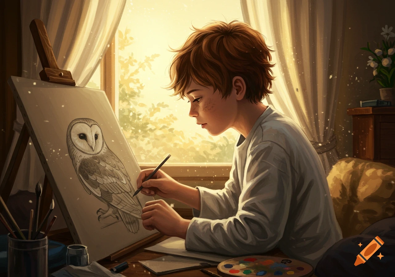 A young boy with reddish-brown hair draws a barn owl on an easel in a sunlit room, with a painter's palette on the table.