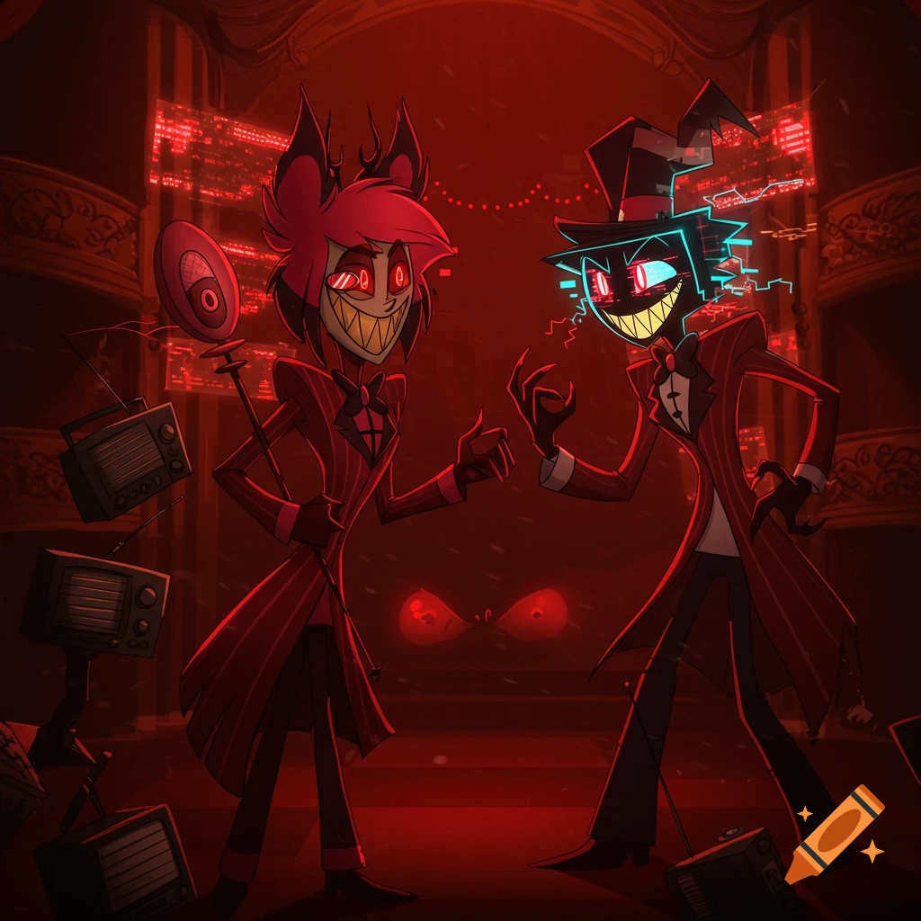 Alastor and Vox from Hazbin Hotel, two grinning demons, stand in a red, ornate, hellish setting with glowing screens and vintage radios.