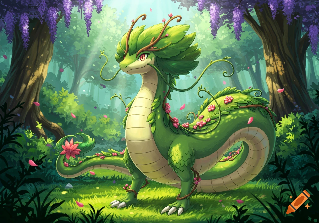 A vibrant green grass dragon with leaves and pink flowers on its body stands in a magical forest with purple wisteria, cartoon style.