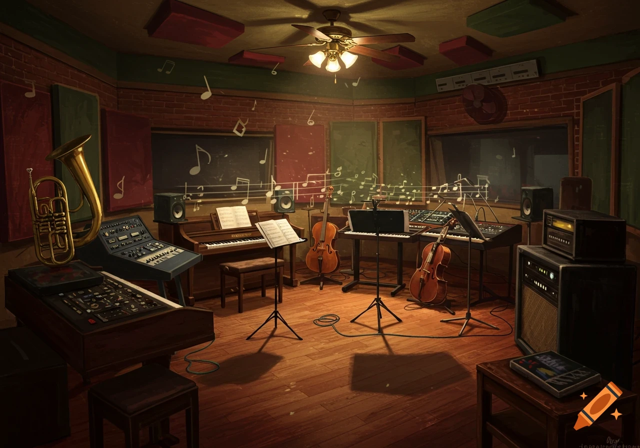 A warmly lit music studio filled with various instruments like a piano, synthesizers, cello, tuba, and violins, with musical notes floating around.