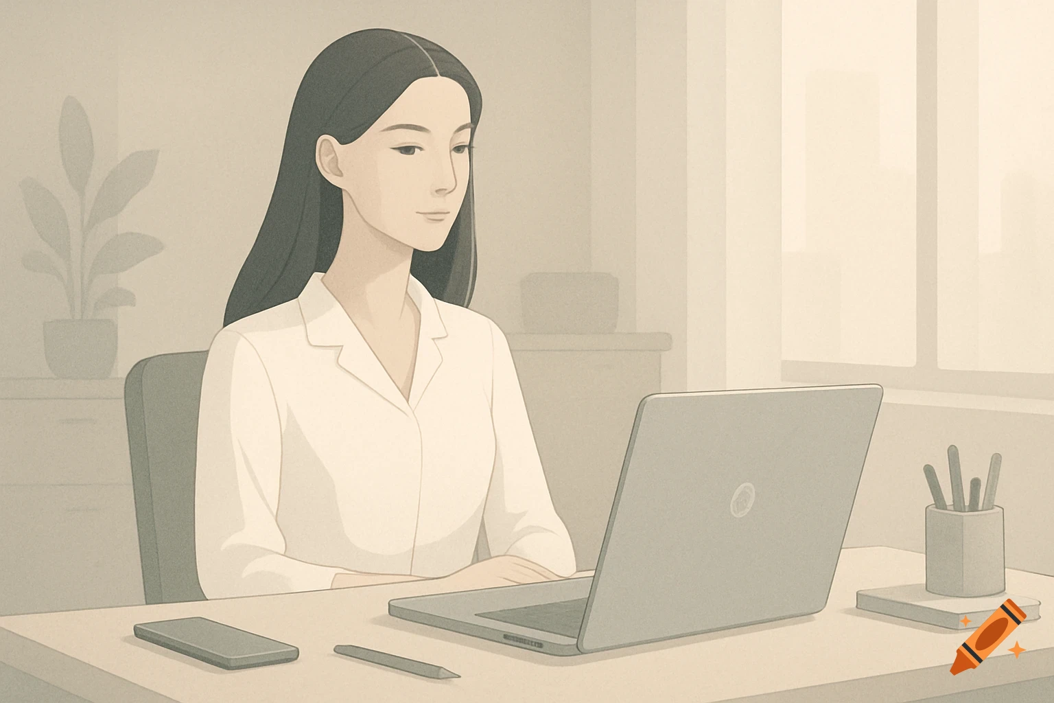 A woman with long dark hair sits at an office desk, looking at an open laptop. A smartphone and pen are on the desk. Stylized illustration.
