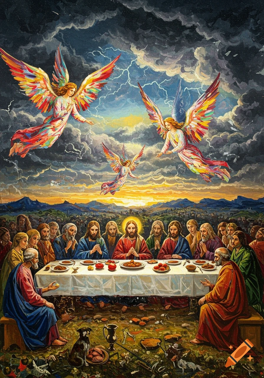 Colorful oil painting depicting the Last Supper, with Jesus and the apostles at a table. Above, three vibrant, winged angels fly through a stormy sky with lightning, while a sunset illuminates the horizon.