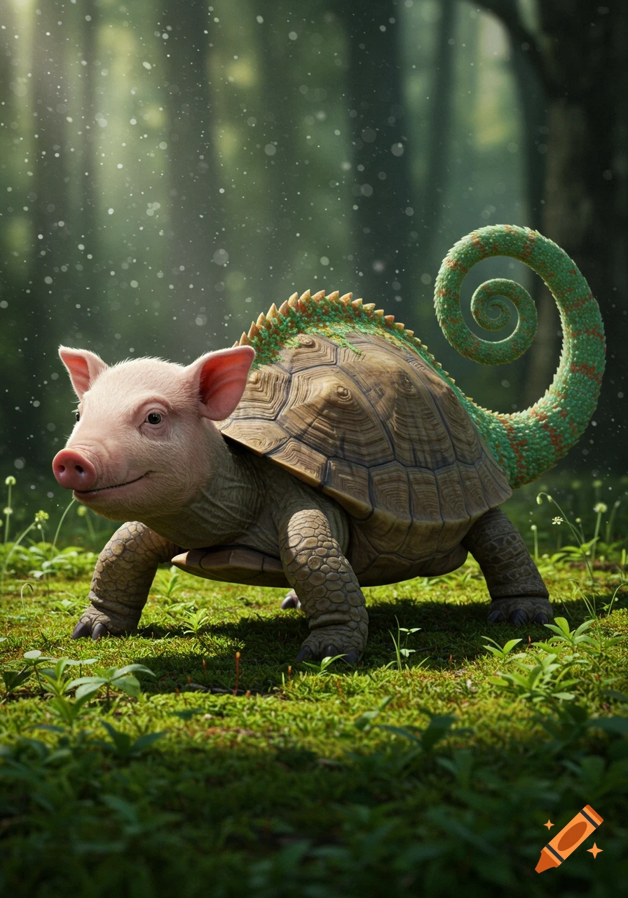 A whimsical creature with a pig's head, a turtle's shell and legs, and a chameleon's curly tail walks on green grass in a dappled forest.