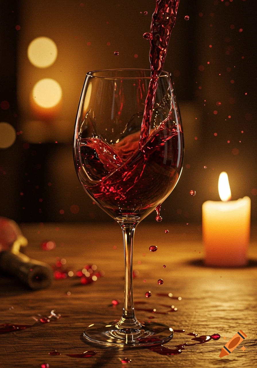 Red wine pours into a glass, splashing over a wooden table with scattered drops, lit by a blurred candle and bokeh lights.