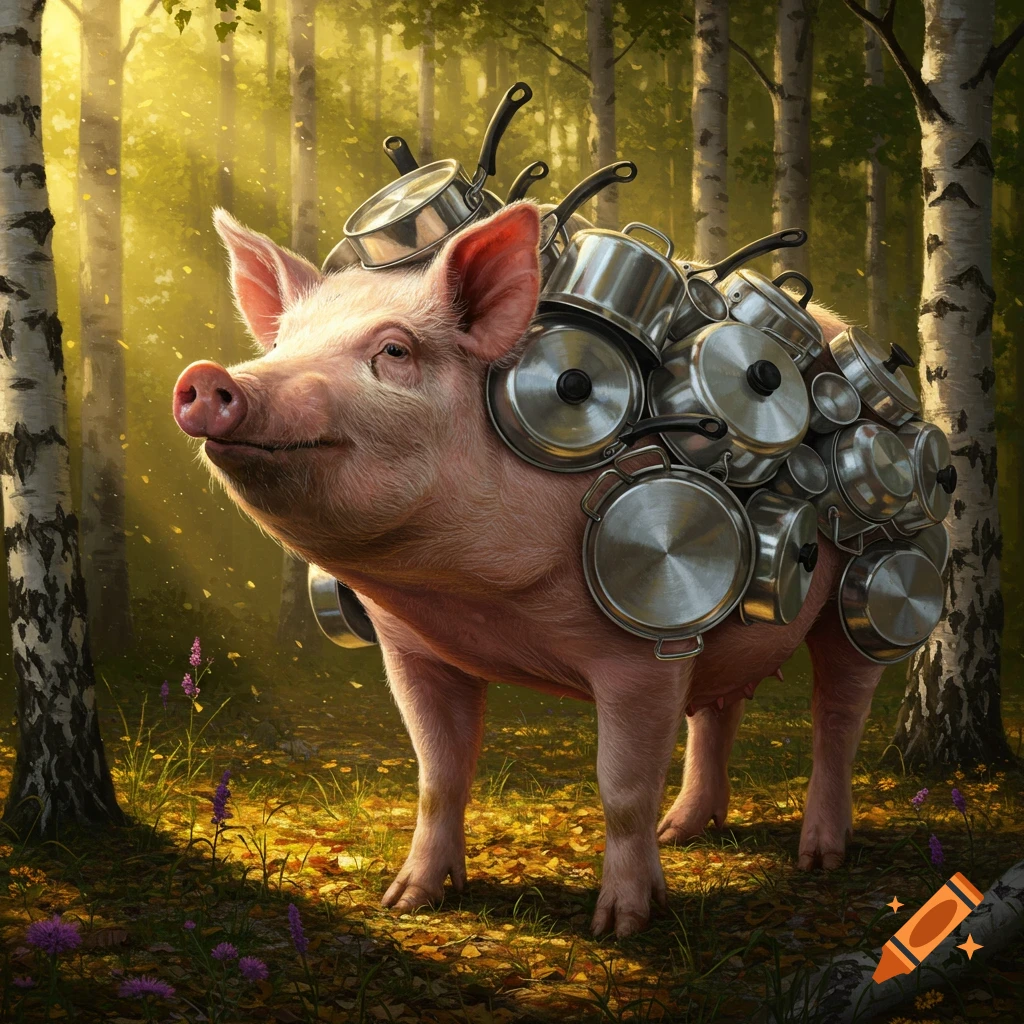 A photorealistic pig wearing pots and pans as armor stands in a sunlit forest.